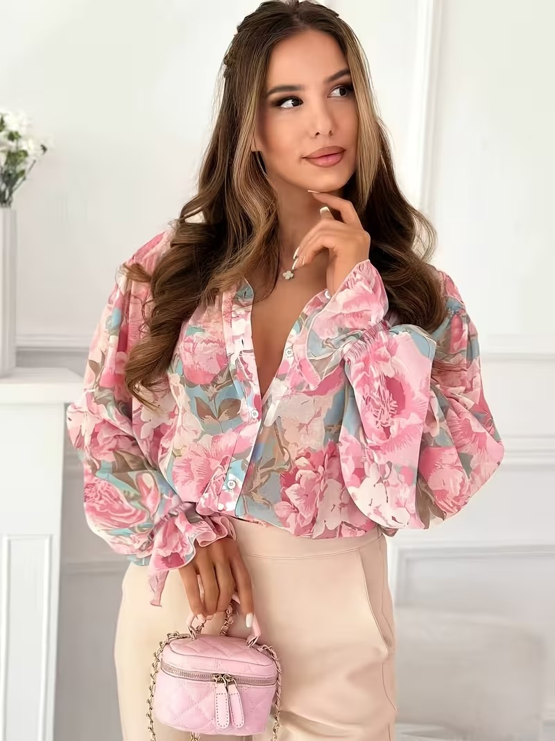 Women's Floral Lapel Long Sleeve Blouse