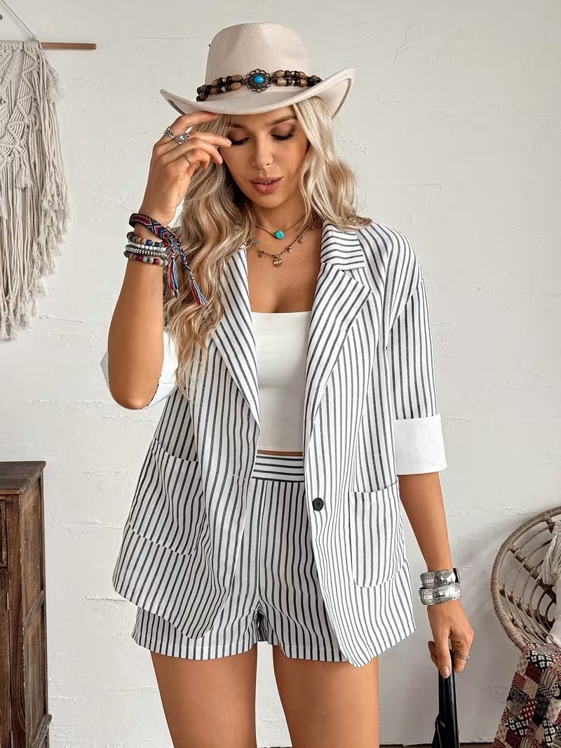 Women's Striped Resort Blazer and Shorts 2-Piece Set